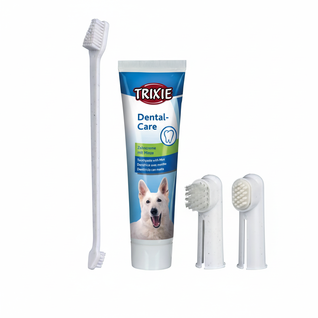 Trixie Dental-Care set with toothpaste tube and brushes white background product photo