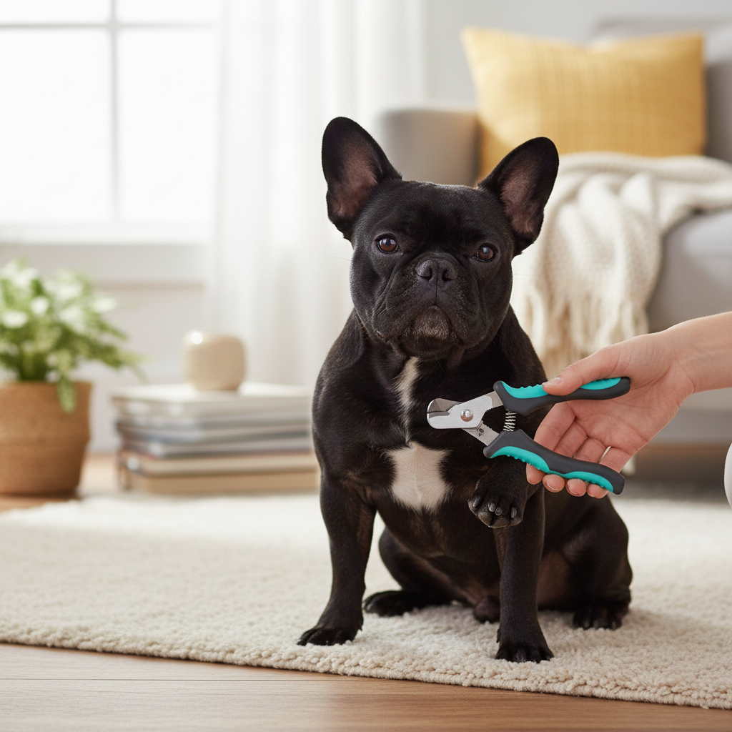 Black French Bulldog getting nails trimmed with Zolux ANAH nail clippers on floor in room