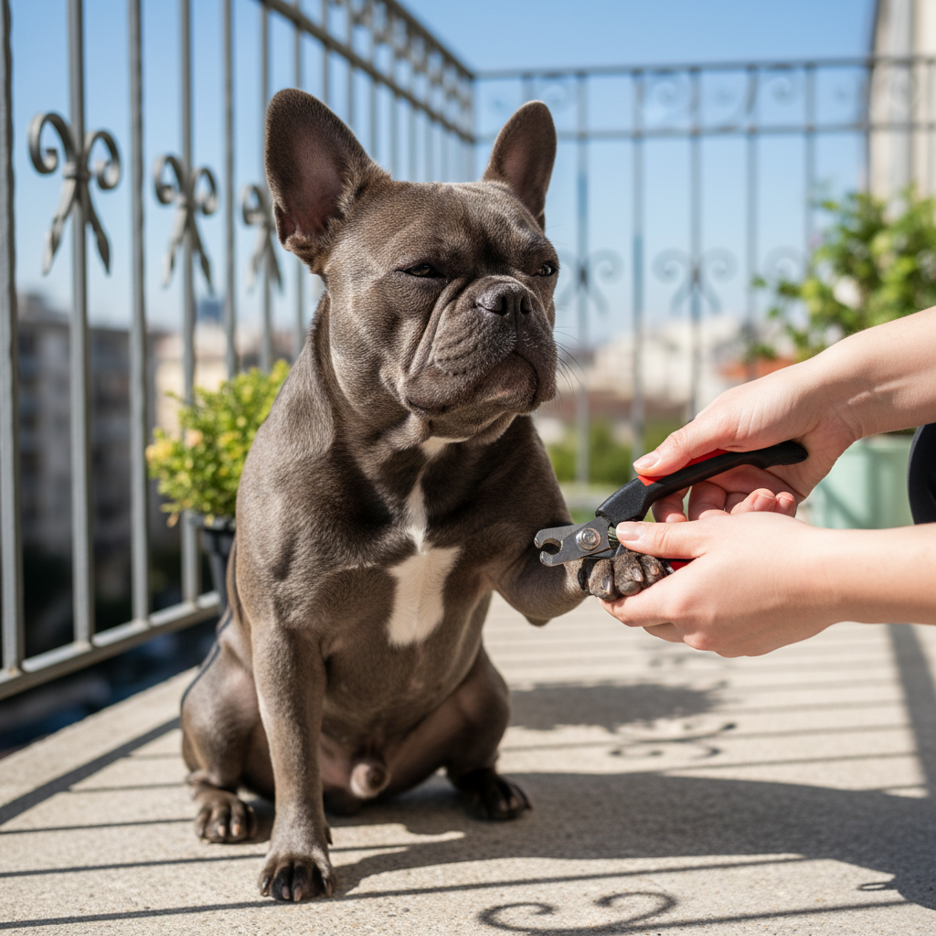 Grey French Bulldog getting nails trimmed with Dingo nail clippers on balcony