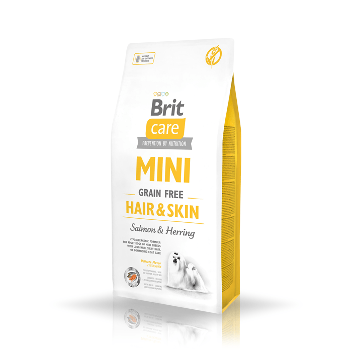Brit Care Mini Grain-Free Hair & Skin pełnoporcjowa karma bezzbożowa dla psów rasy małej Łosoś ze śledziem 400g