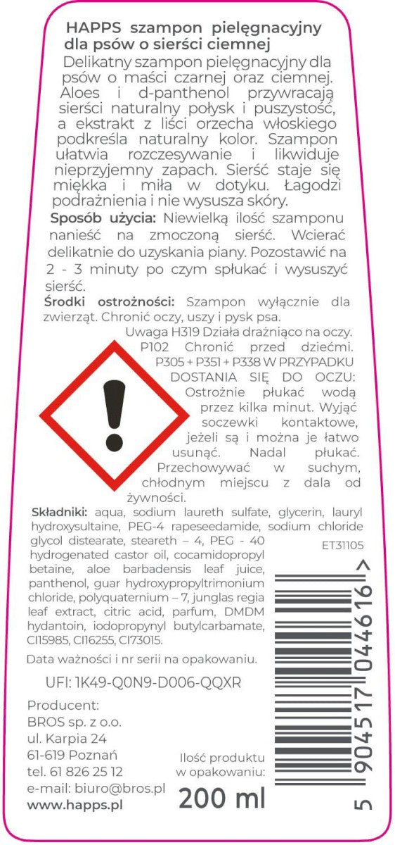 Bros Happs Szampon Pielęgnacyjny Dla Psów O Sierści Ciemnej