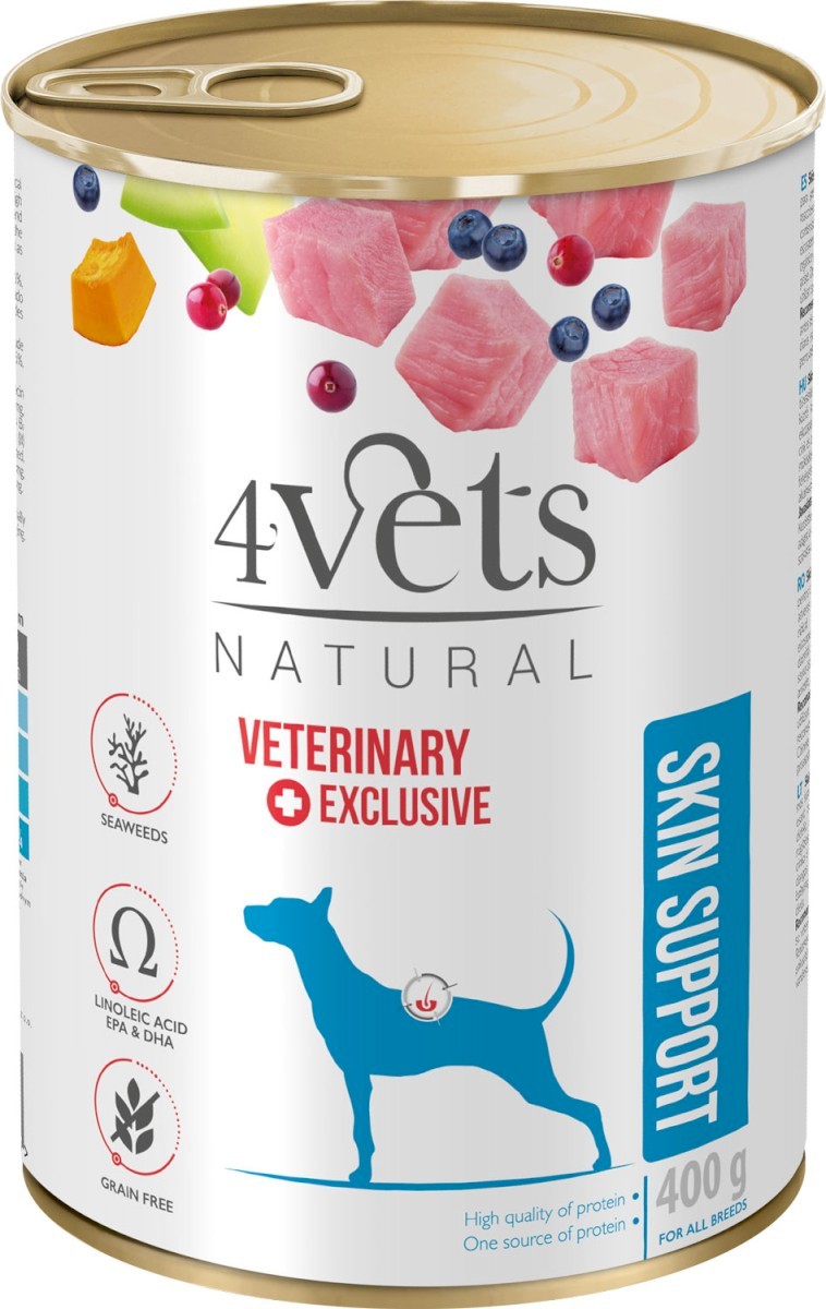 Dolina Noteci 4Vets Dog Skin Support Specjalistyczna karma weterynaryjna dla psów z problemami skórnymi 400g (puszka)