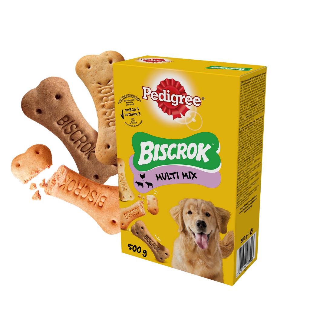 Pedigree Biscrok Ciasteczka Dla Dorosłych Psów W Kształcie Kostek Z Jagnięciną, Kurczakiem I Wołowiną 500g