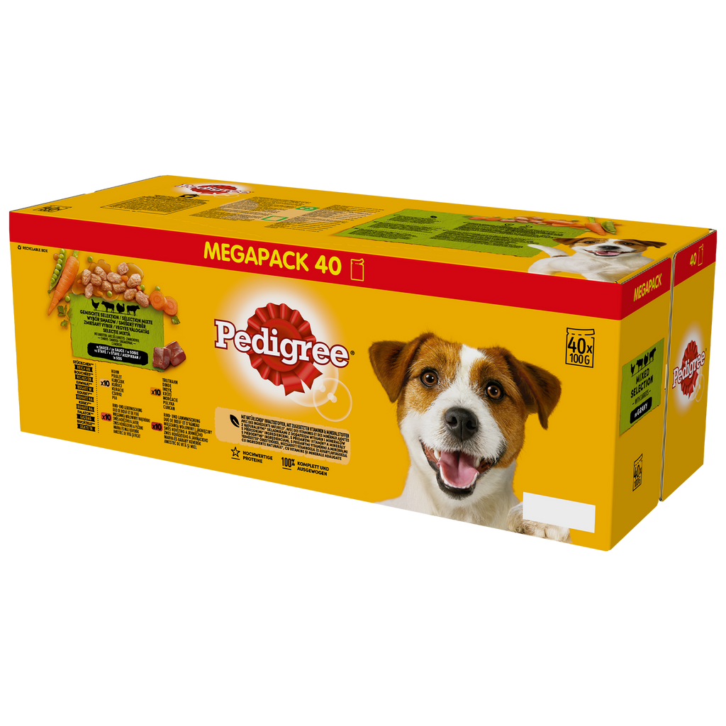 Pedigree Mokra Karma Dla Dorosłych Psów Saszetka Mix Smaków (Z Kurczakiem I Warzywami, Z Wołowiną I Warzywami, Z Indykiem I Marchewką, Z Wołowiną I Jagnięciną) 40x100g