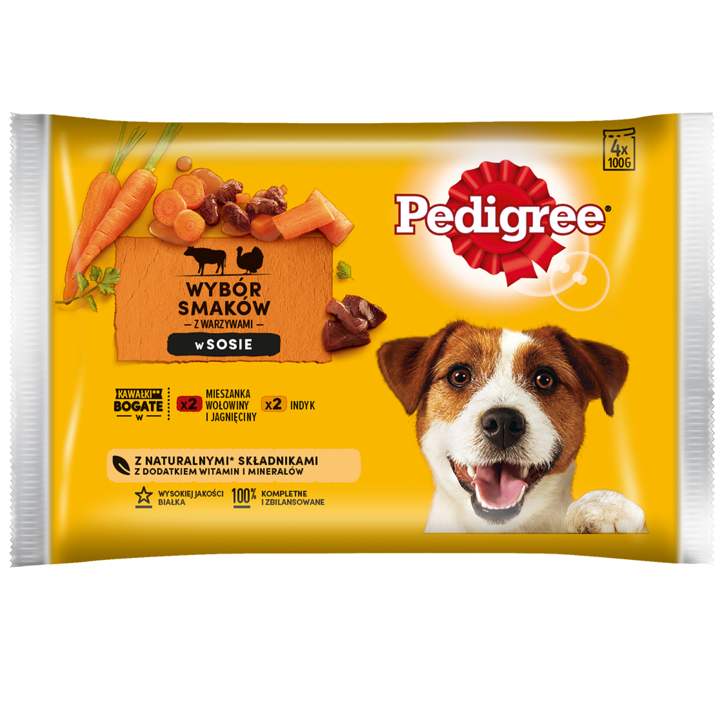 Pedigree Mokra Karma Dla Dorosłych Psów W Sosie (Z Wołowiną I Jagnięciną, Z Indykiem I Marchewką) 4x100g