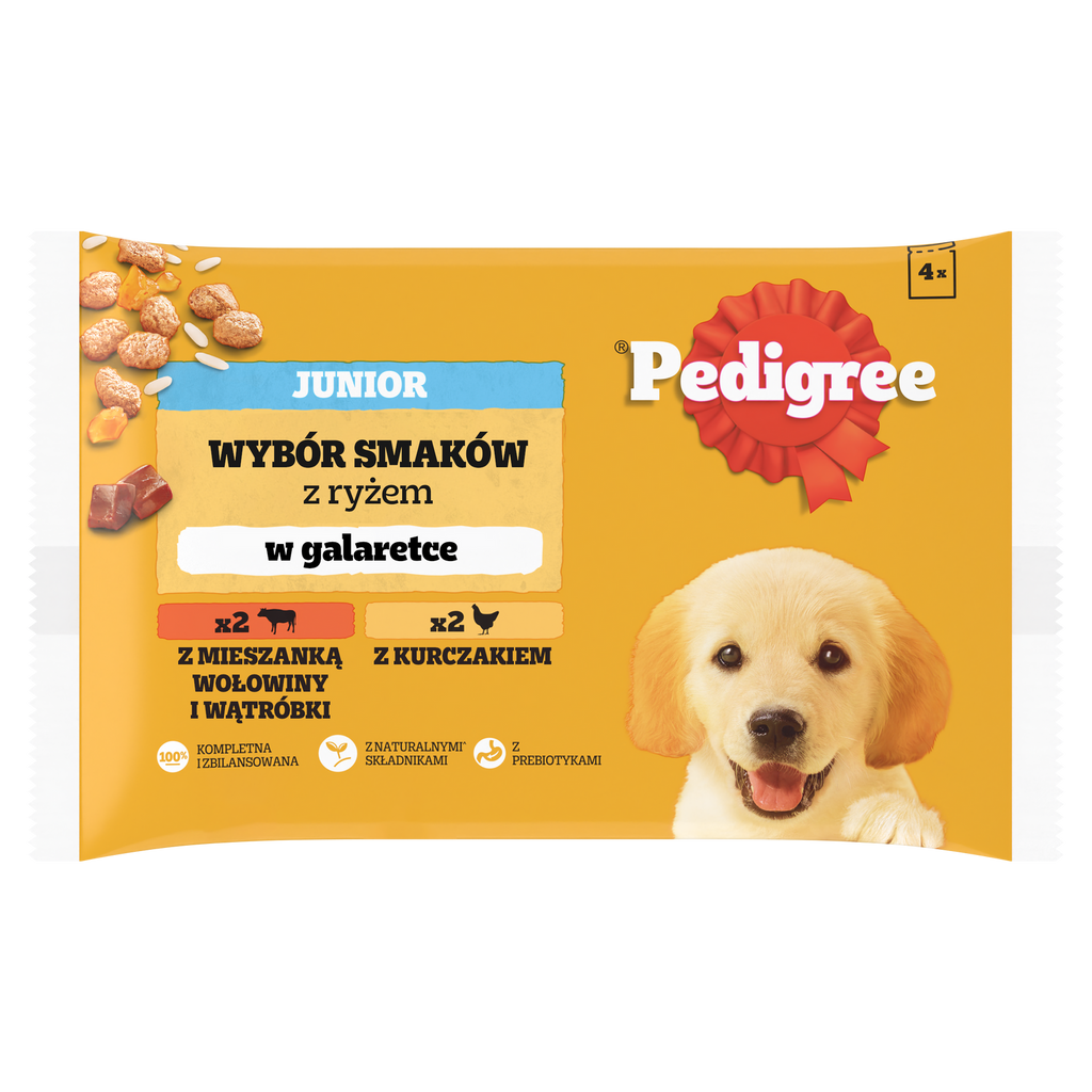 Pedigree Mokra Karma Dla Szczeniąt W Galaretce (Z Kurczakiem I Ryżem, Z Wołowiną I Ryżem) 4x100g