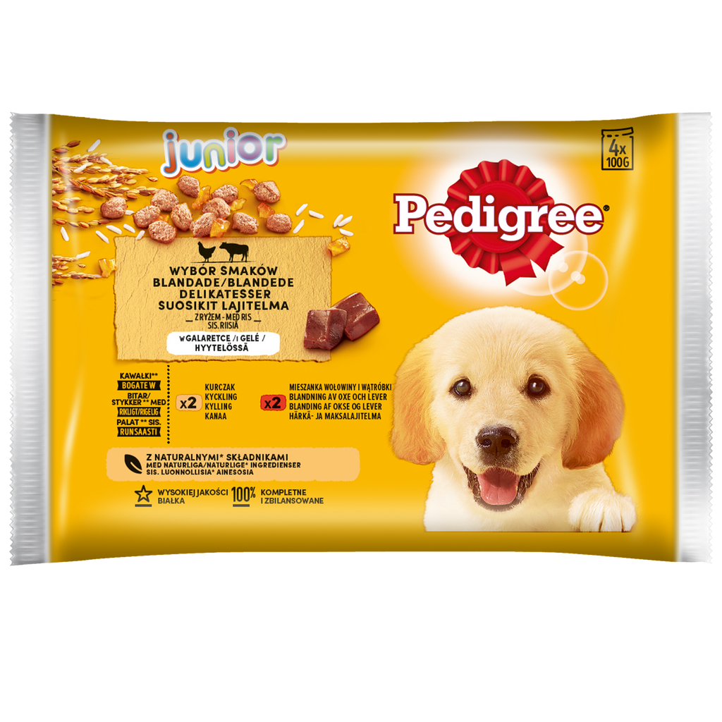 Pedigree Mokra Karma Dla Szczeniąt W Galaretce (Z Kurczakiem I Ryżem, Z Wołowiną I Ryżem) 4x100g