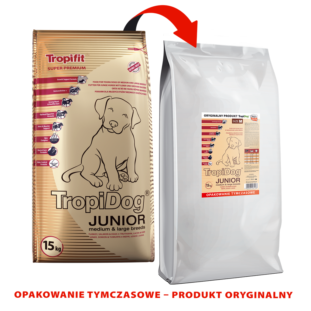 Tropidog Super Premium Junior Medium & Large Breed Z Indykiem, Łososiem I Jajkami 15kg